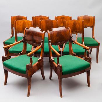 KARMSTOLAR, ett par, och STOLAR, 7 st, biedermeier, Ryssland 1830-1850.