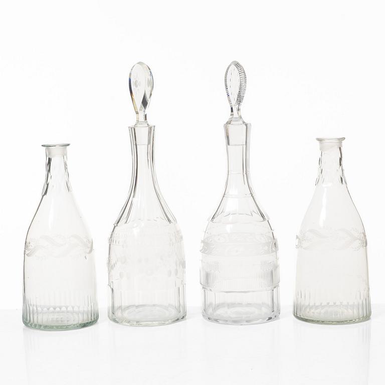 Four glass decanters, Gustavian, Sweden, late 18th century and first half of the 19th century.