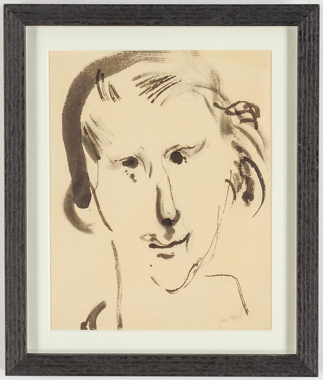 JOHN JON-AND, 2 works, ink and red crayon on paper, one signed, one signed with stamp.