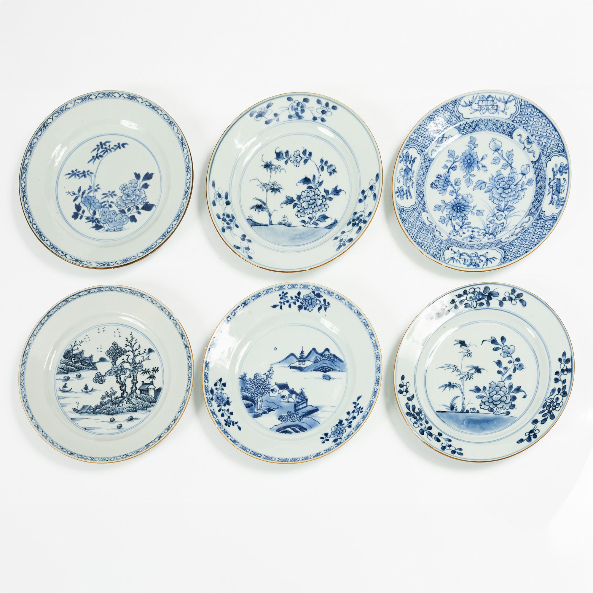 A group of six Chinese blue and white export porcelain plates, Qing dynasty, 18th century.