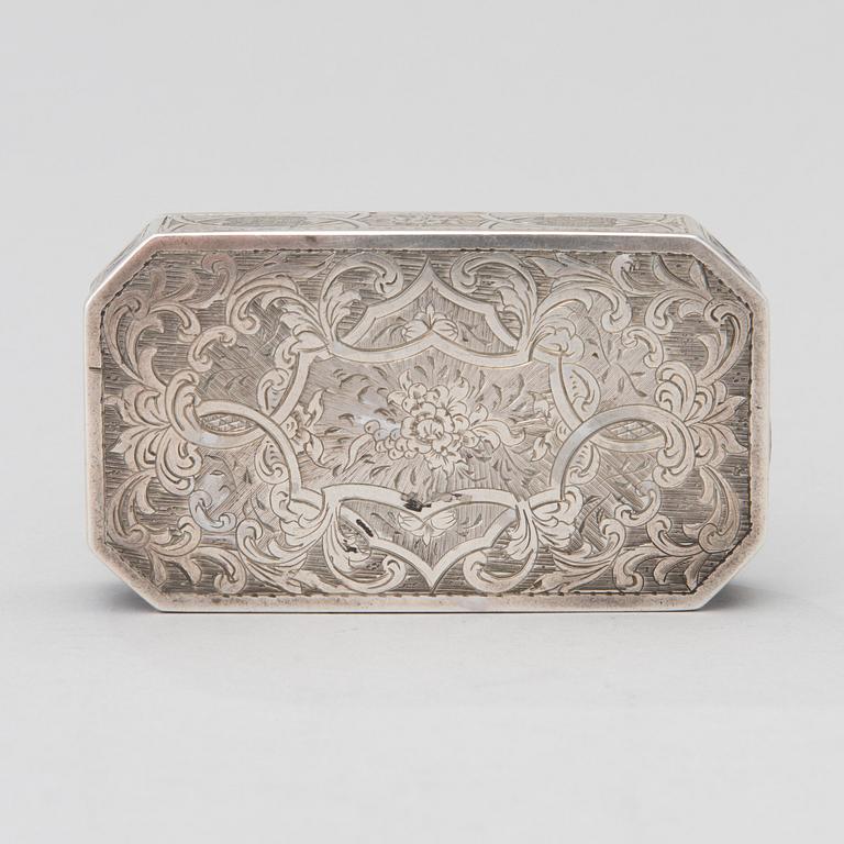 A RUSSIAN SNUFF BOX, silver, Moscow 1856?, goldsmith N.Mishailov, essay master Viktor Sasikov 1855-1888.