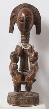 A sculptue and two masks reportedly from The Ivory coast, from the second half of the 20:th century.