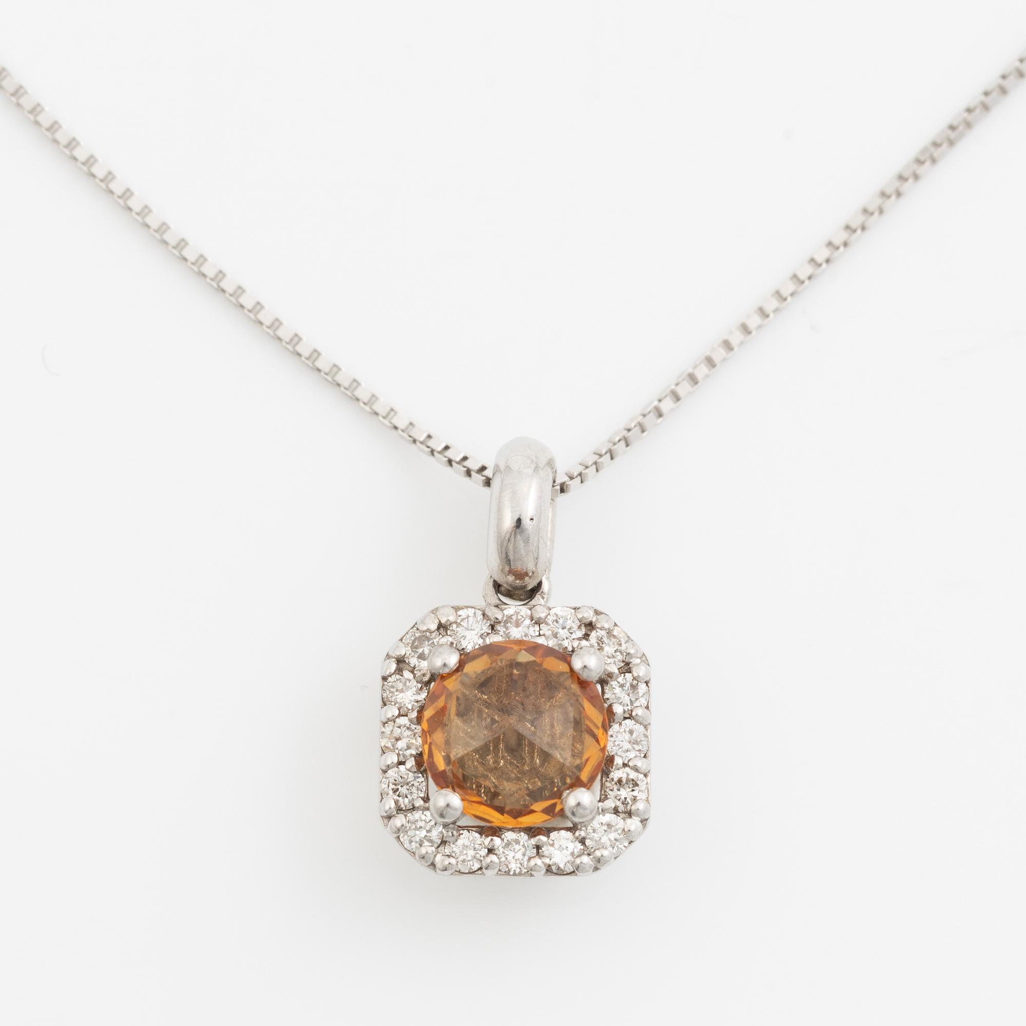 Necklace with orange-brown rose-cut sapphire and brilliant-cut diamonds.