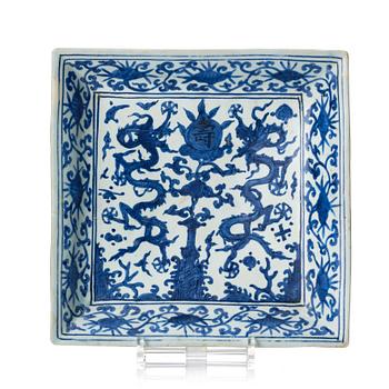 1313. A blue and white dragon dish, Ming dynasty with Jiajings six character mark and of the period (1522-66).