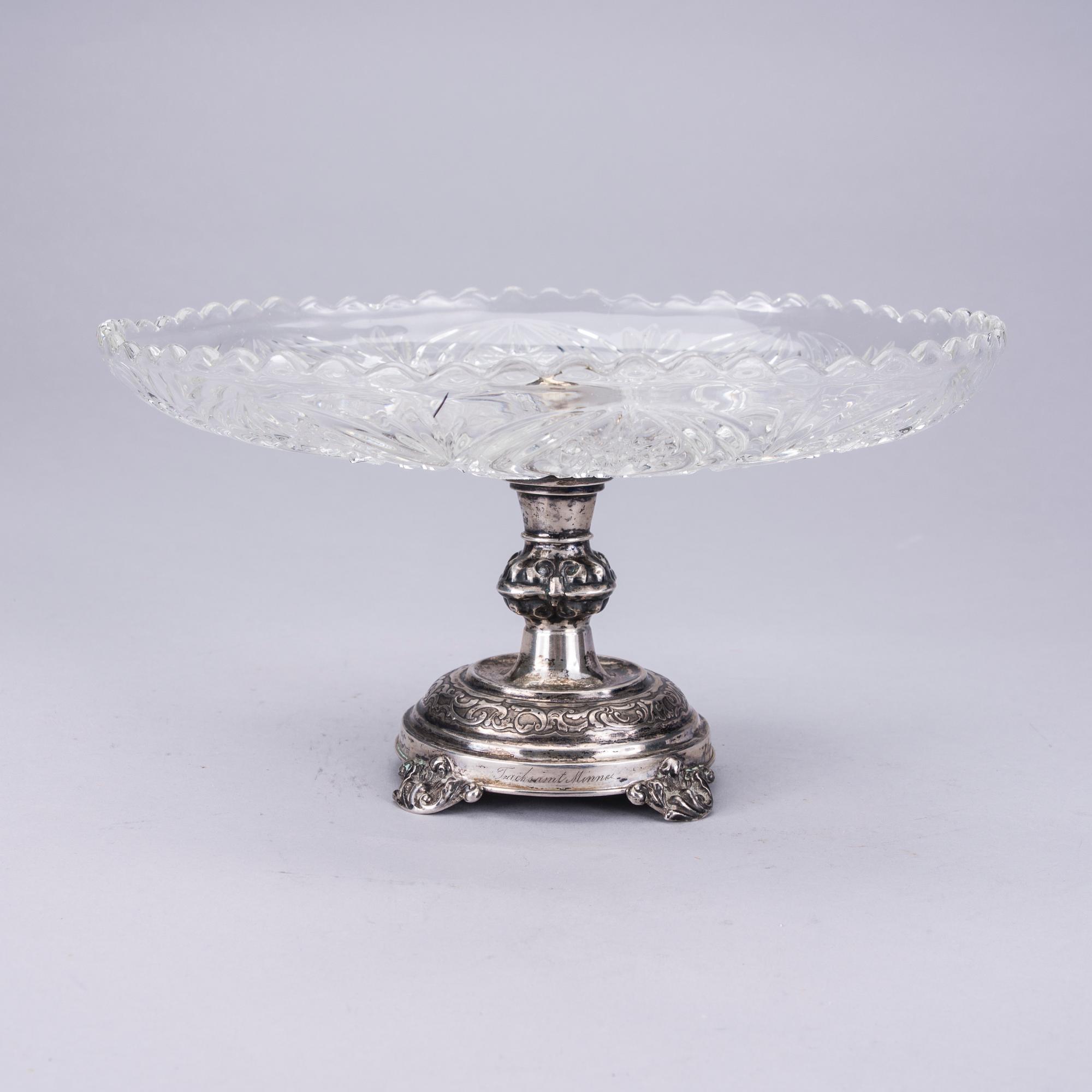UPPSATSSKÅL, silver och glas, Roland Mellin (1833-1867), Helsingfors 1849.