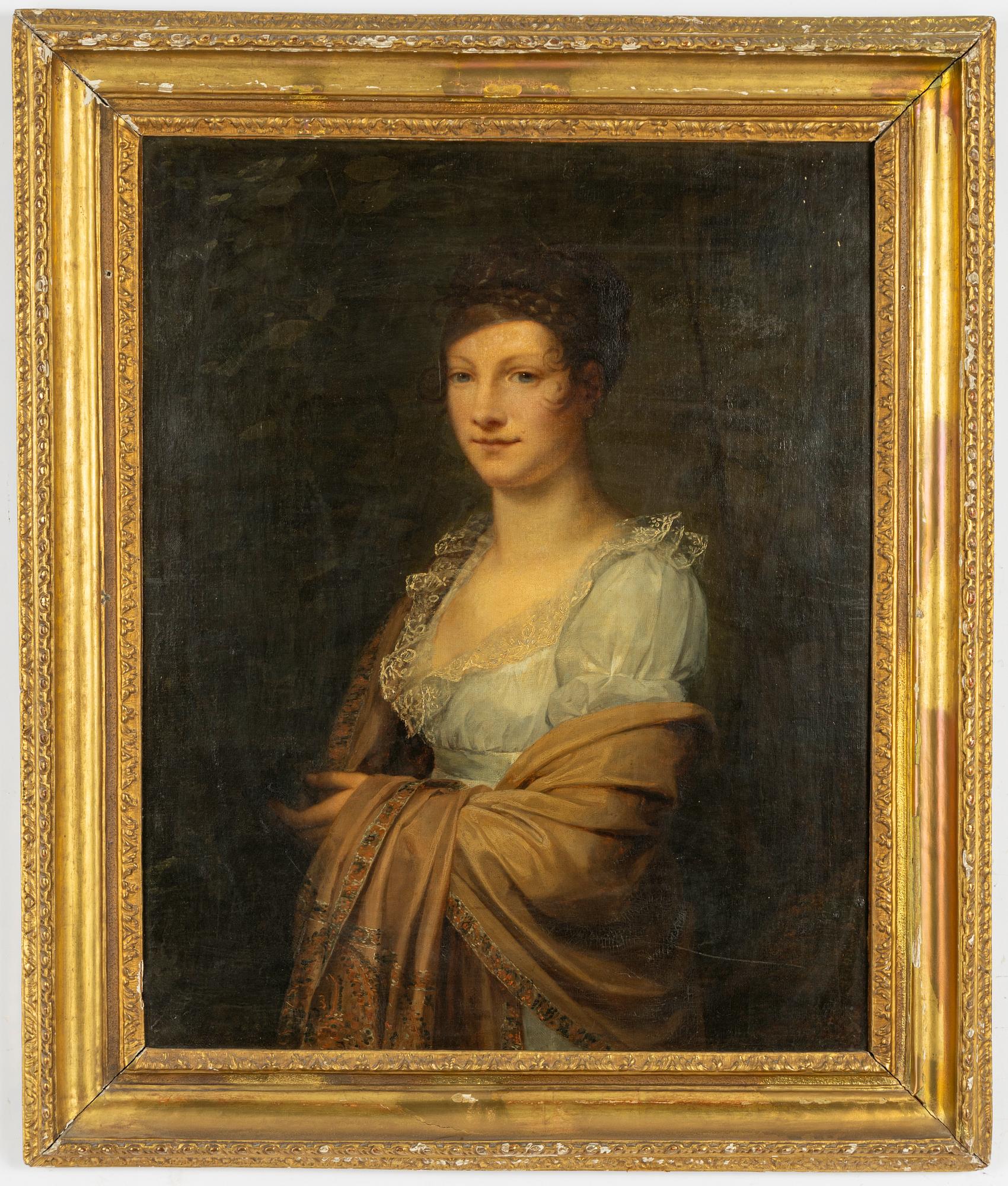 Engelsk skola, omkring 1800, Ung kvinna i landskap.