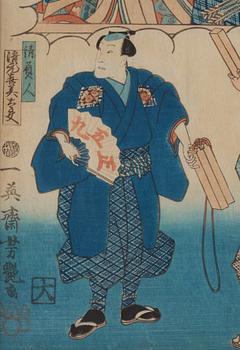 Utagawa Kunisada, two woodblock prints, Japan, before 1842, an a woodblock print by unknown artist, Japan, 1862.