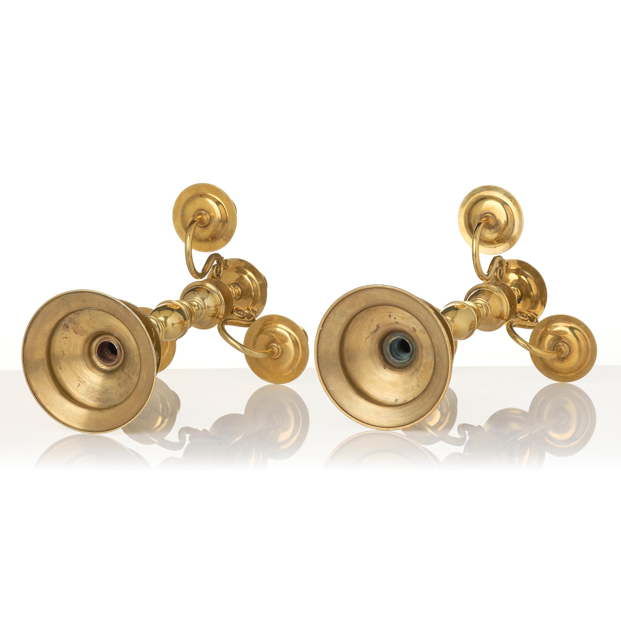 Candelabra, a pair of brass, Baroque style Gusums Bruk No 3, 20th century.