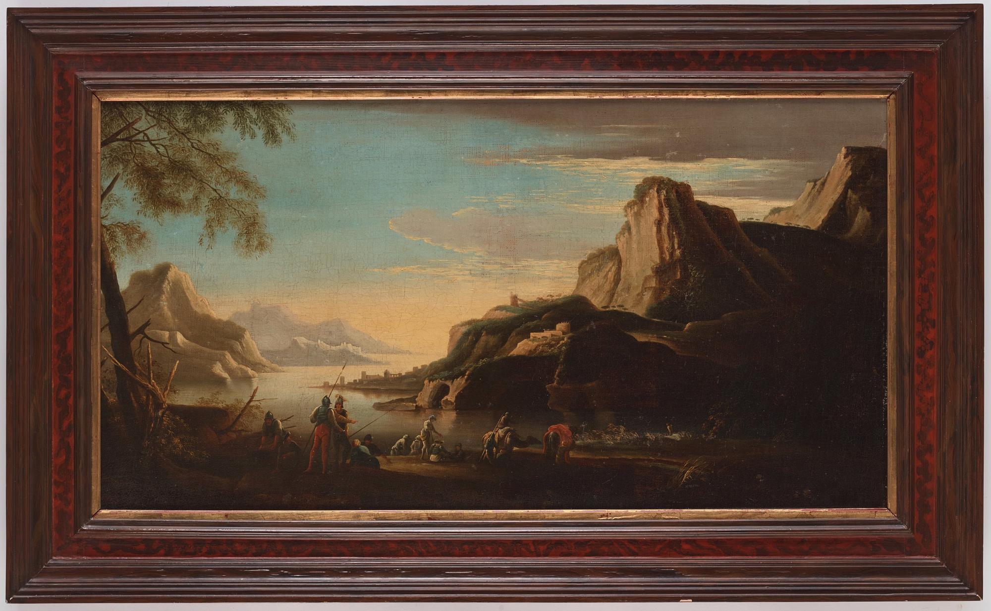 Bergslandskap med figurer vid vatten.
