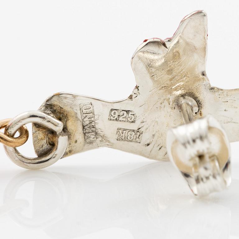 Earrings, silver, 18K gold and enamel in the form of a hummingbird with pink opal, Mandelstam.
