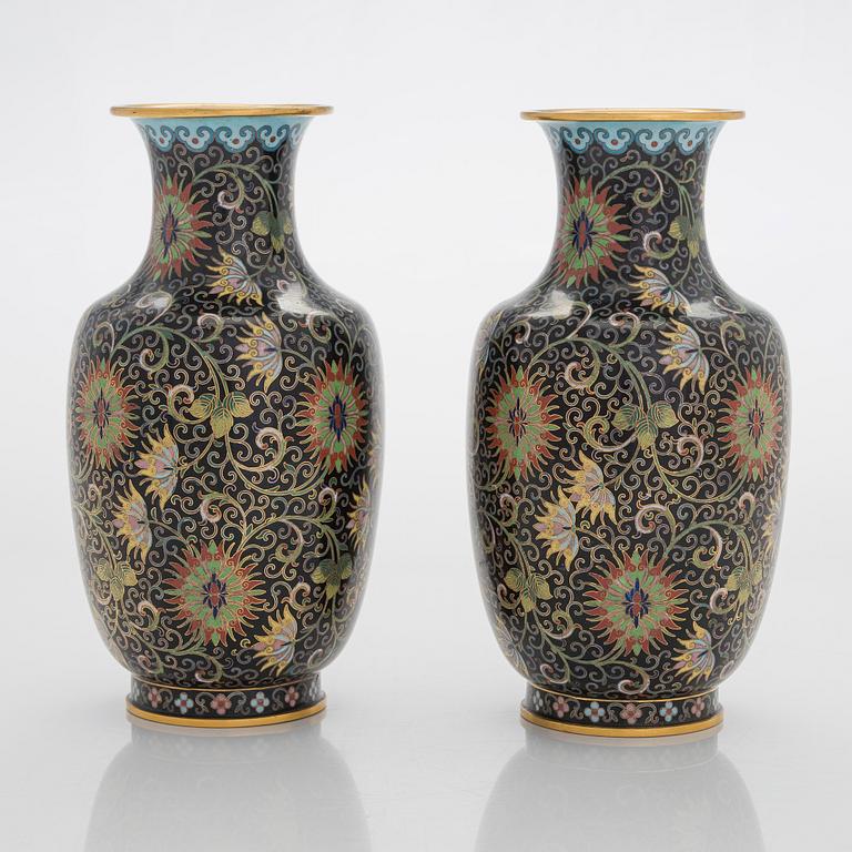 A pair of cloisonné enameled vases, China, 20th century.