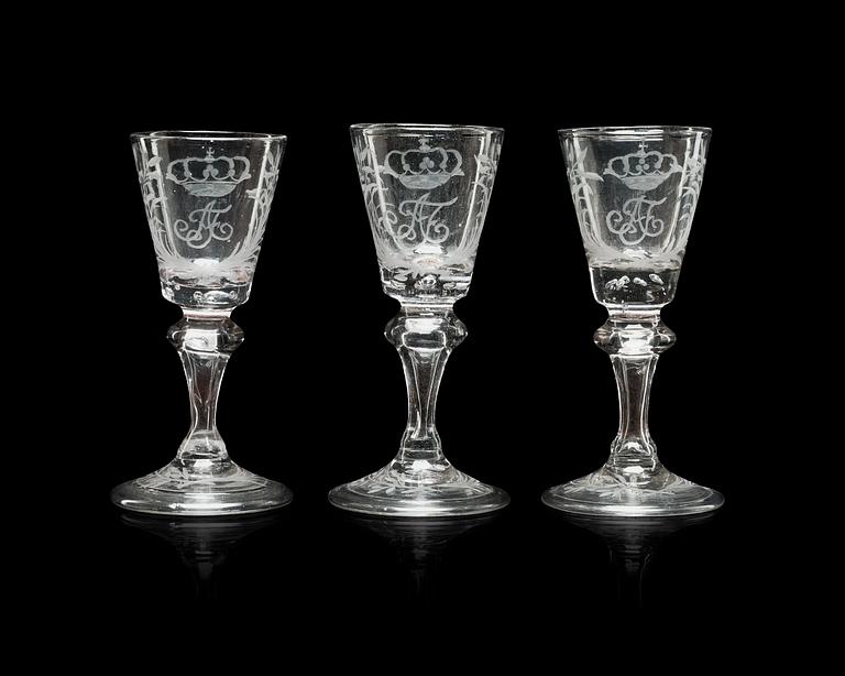 Three engraved glasses, 18th Century.