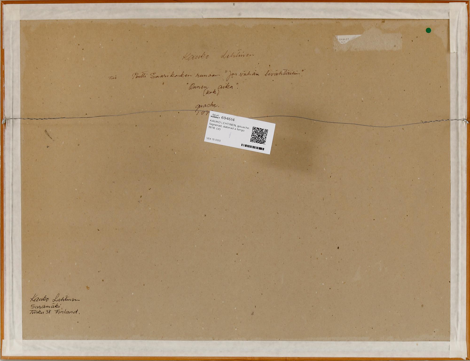 KAUKO LEHTINEN, gouache. Signerad, daterad a tergo 1978.