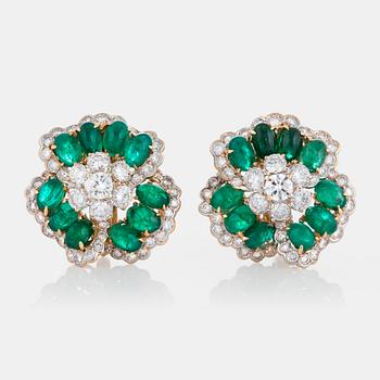 1077. A pair of Bulgari earrings set with cabochon-cut emeralds and round brilliant-cut diamonds.