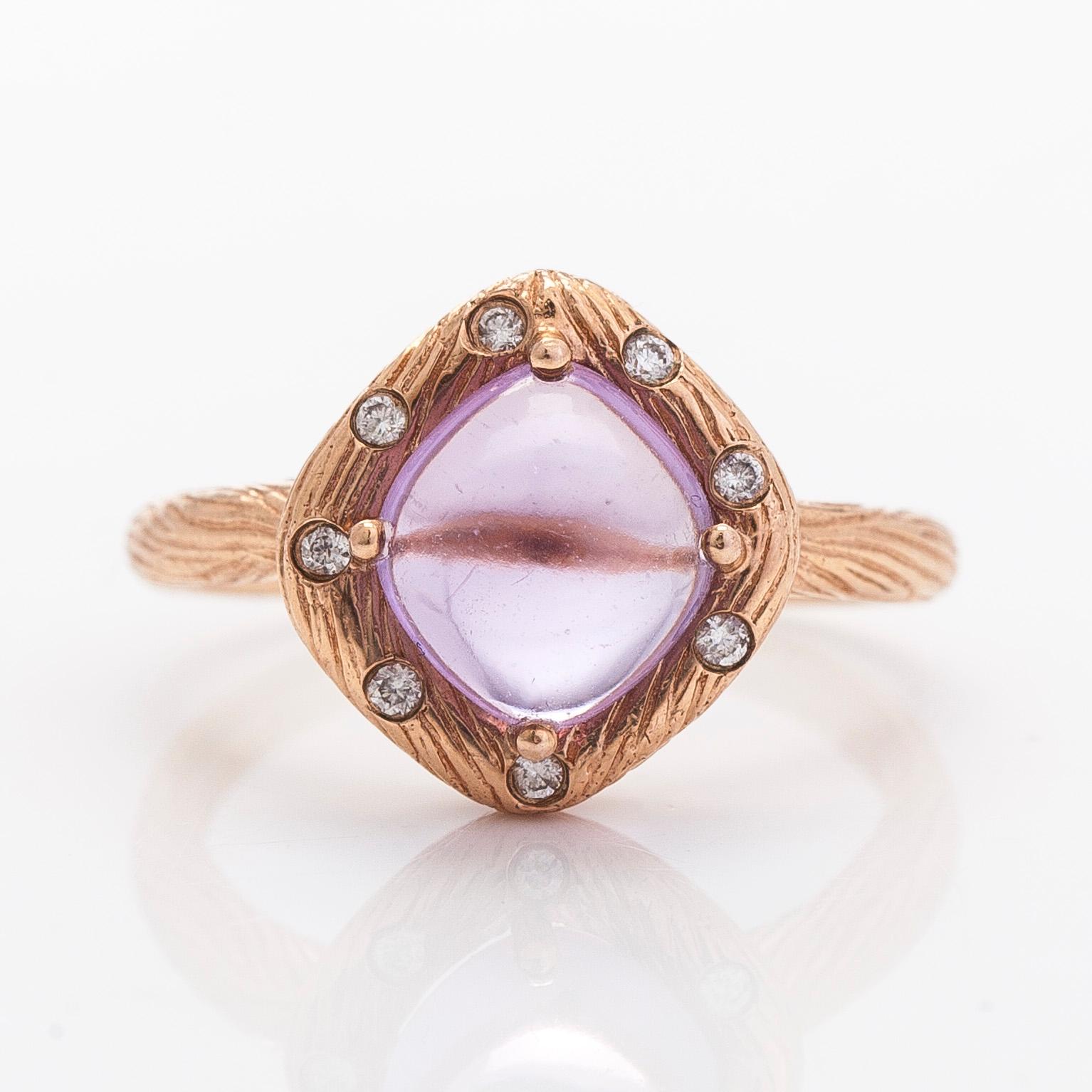 Sormus, 14K ruusukultaa, ametisti ja timantteja.