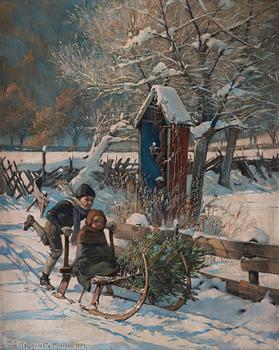 780. Carl Gustaf Hellqvist, Children kicksledding in the snow.