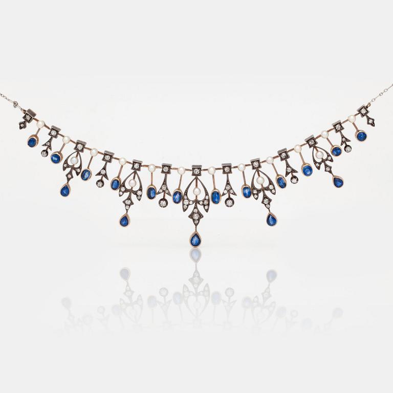 A victorian old-cut diamond, pearl and sapphire necklace.