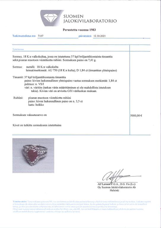 Sormus, 18K valkokultaa, timantteja n. 1,84 ct yht ja rubiini n. 3.50 ct.