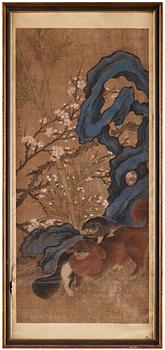 A painting of two playing dogs in front of a garden rock, after Ma Yuanyu (1669-1722), Late Qing dynasty.