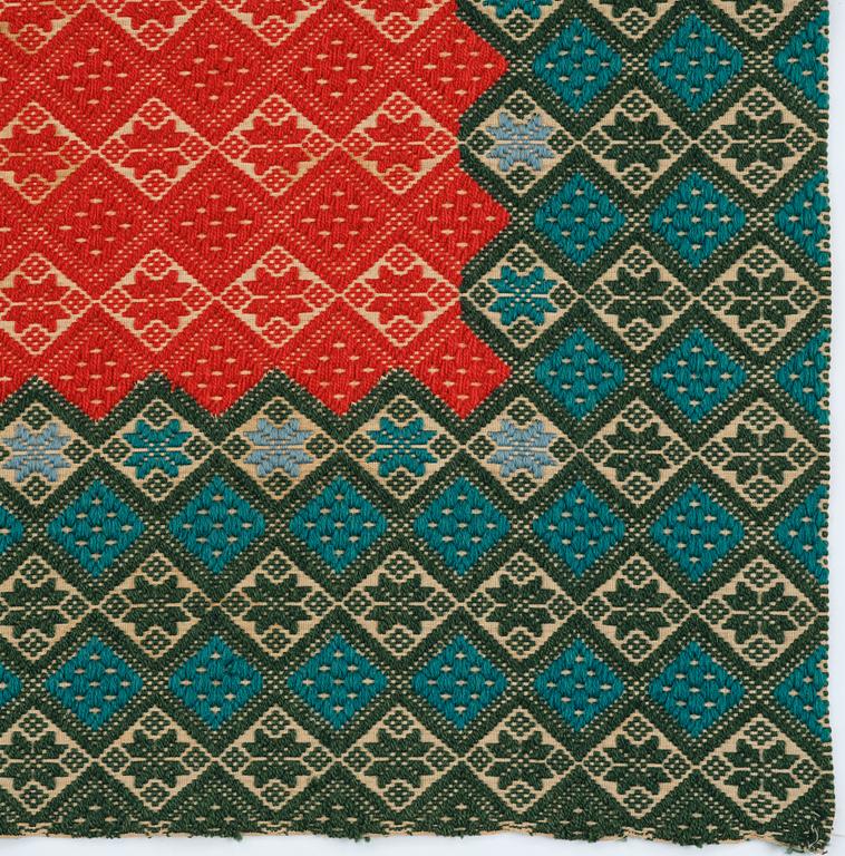 A textile cover, weft-patterned tabby type, South west Scania, c. 160 x 102 cm. Circa 1900,