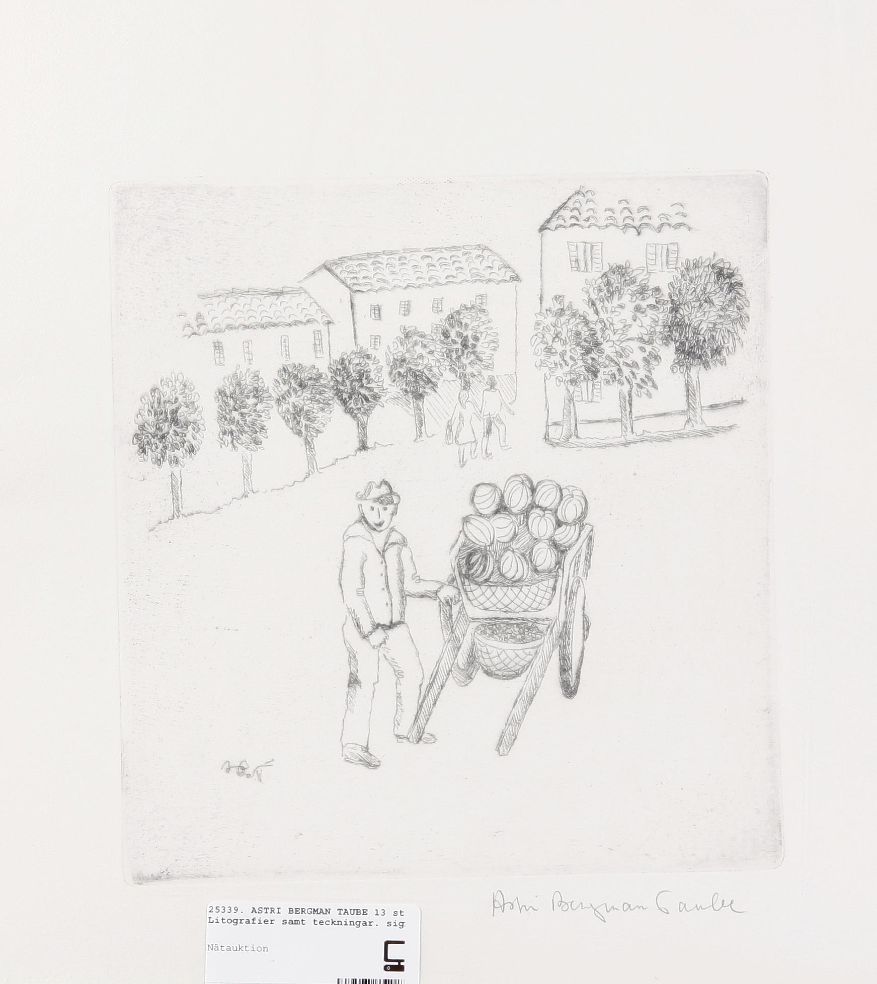 BERGMAN TAUBE, ASTRI. Litografier samt teckningar, 13 st. Sign.