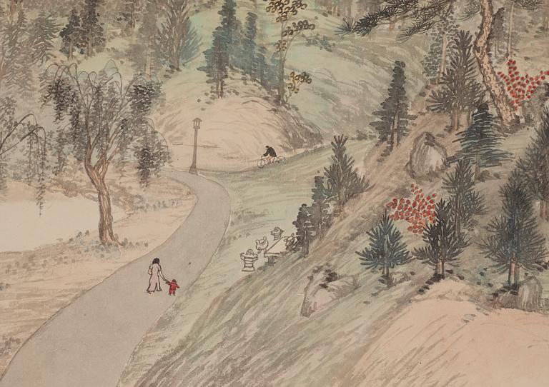 RULLMÅLNING med KALLIGRAFI, motiv från Beijings Universitet, daterad Yanjing (Beijing) våren 1937.