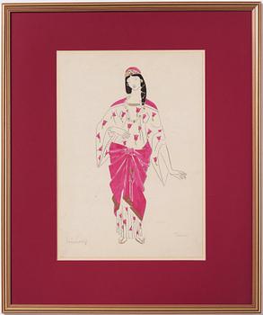 Isaac Grünewald, Costume sketch - woman in a dress with rose pattern.