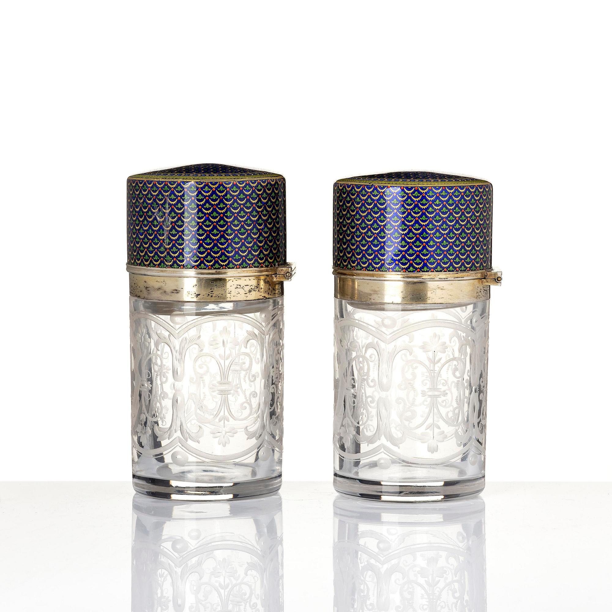 A pair of engraved and glass flacongs with gilt enamelled covers, France/Russia, 19th century.