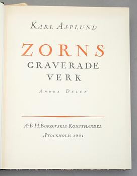 ZORNS GRAVERADE VERK, 2 band, "Beskrivande katalog", Karl Asplund, Stockholm, 1920-21.