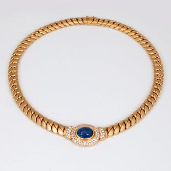 A circa 12.80ct cabochon-cut sapphire and brilliant-cut diamond necklace.