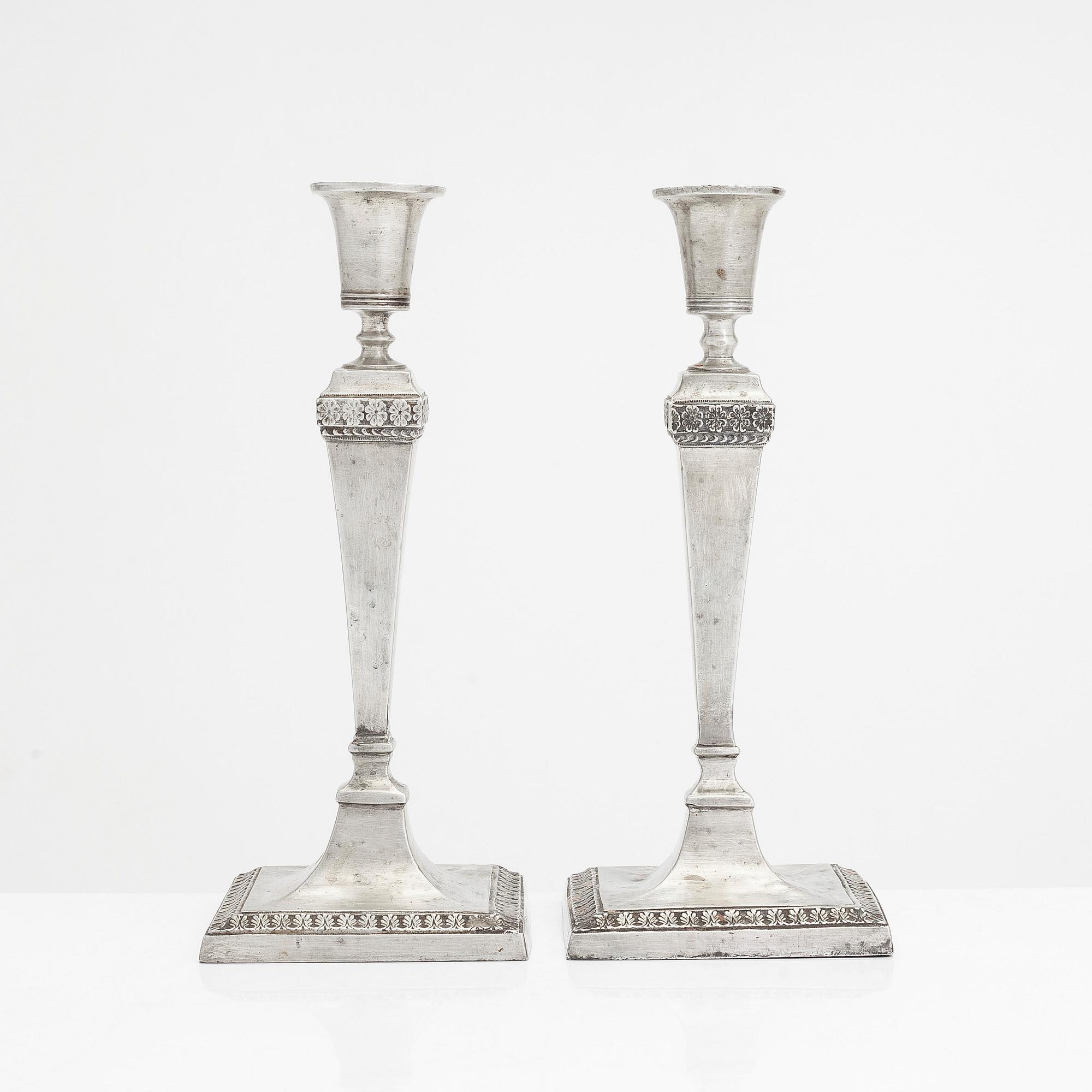 Johan Petter Fagerström, A pair of pewter candlesticks from Kalmar, 1823.