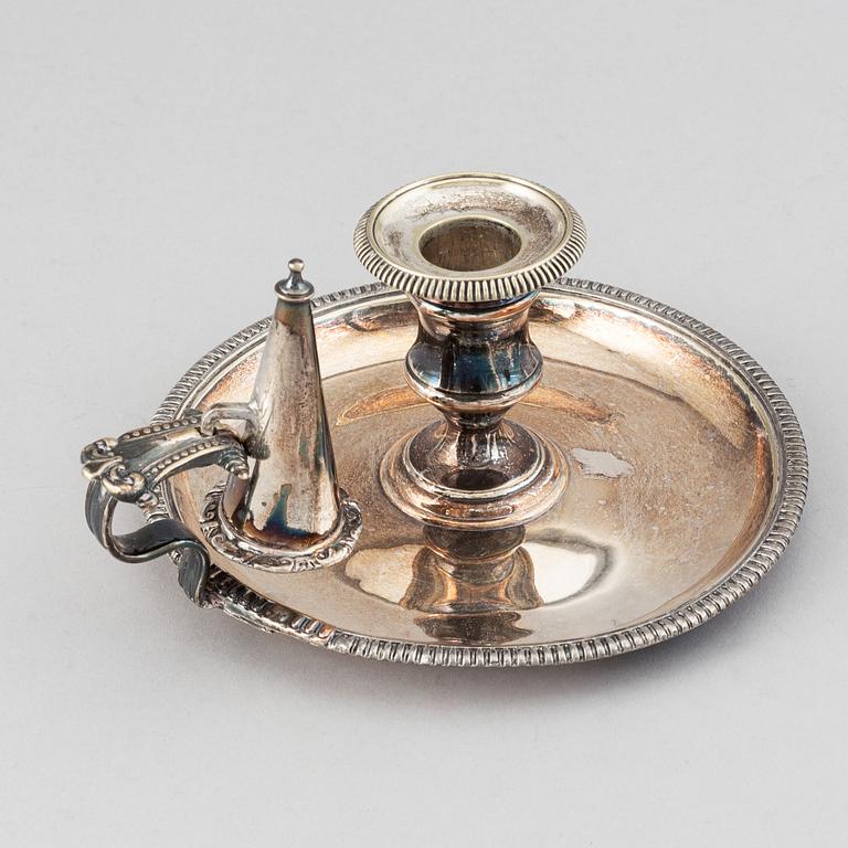 An English 19th century silver-plated chamber-candlestick. Unmarked.