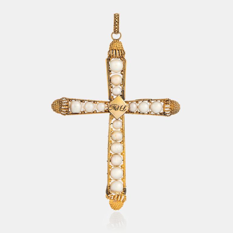 A pearl cross pendant and two pearl necklaces.