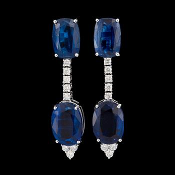 150. A pair of blue kyanite and diamond earrings.