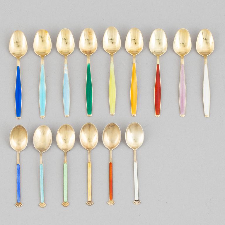 24 silver gilt and enamel coffee spoons, Norway, mid-20th century.