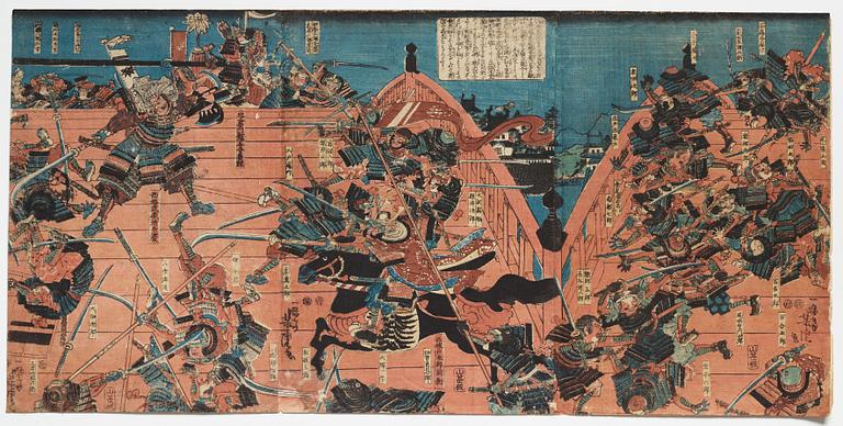 UTAGAWA YOSHITORA, two coloured woodblock prints, triptych, Japan, late 19th century.