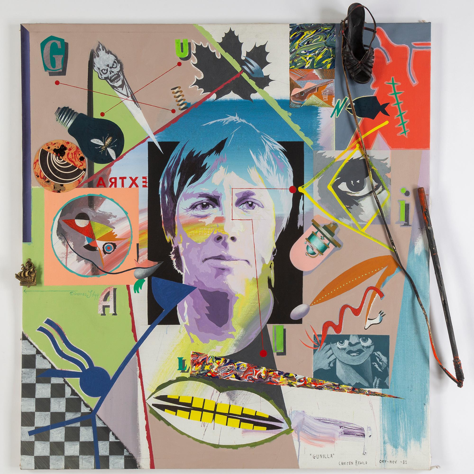 Carsten Regild, assemblage, blandteknik och kollage på duk. Signerad och daterad 1981 on verso.