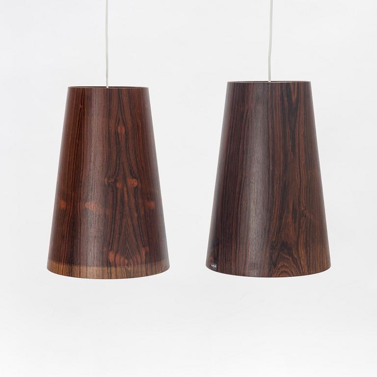 Uno & Östen Kristiansson, a pair of rosewood veneered model 506 ceiling lights, Luxus, Vittsjö, 1960's.