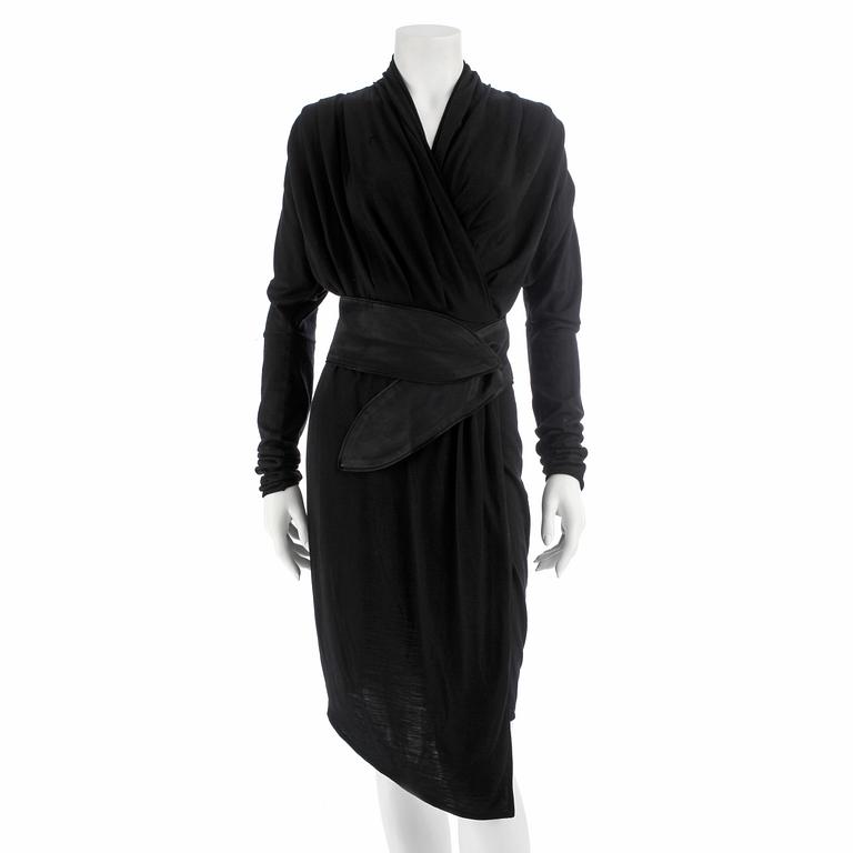 NOIR, a black wool and silk wrap dress, size 36.
