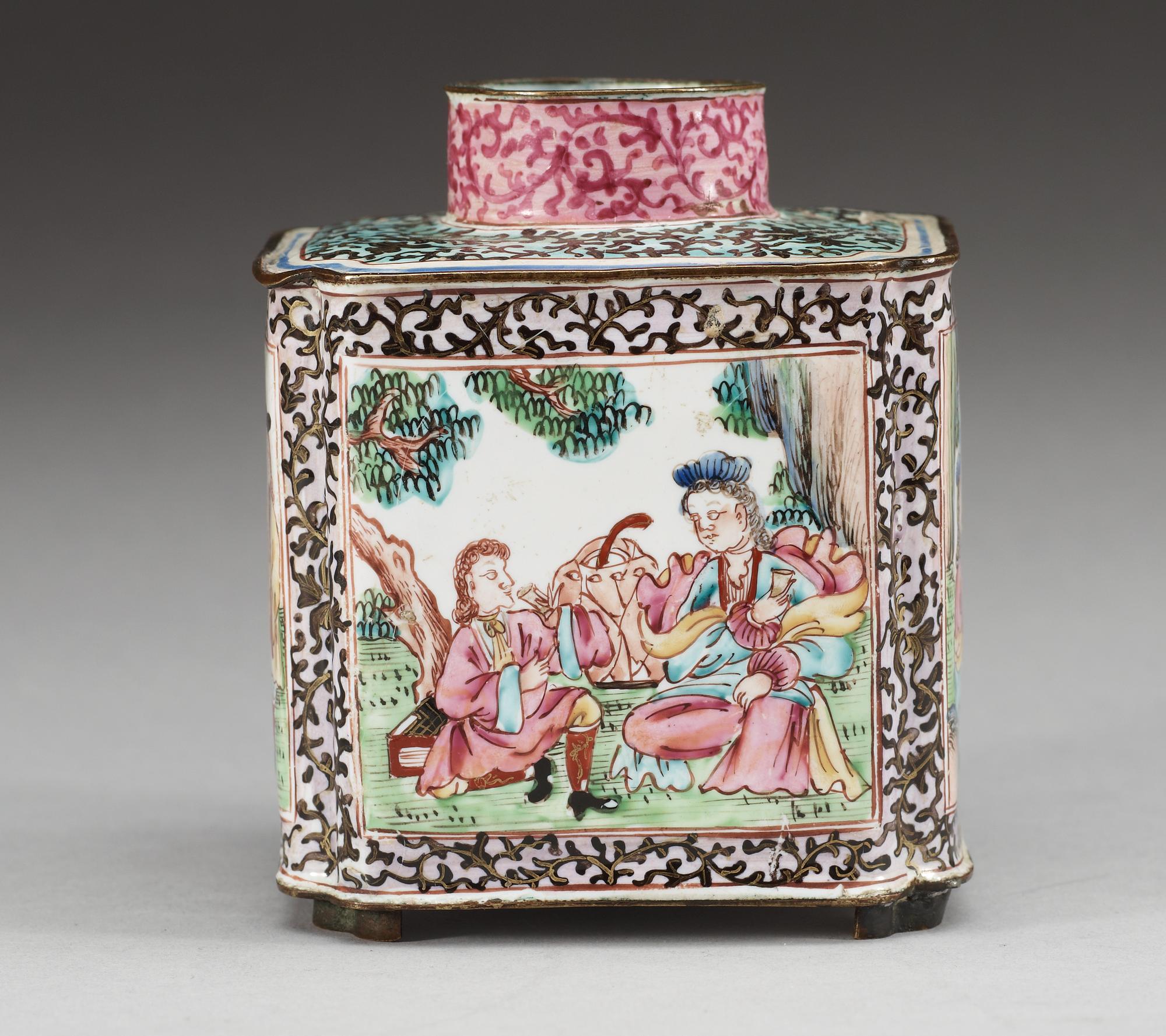 An enamelled 'European Subject' tea caddy, Qing dynasty, 18th Century.