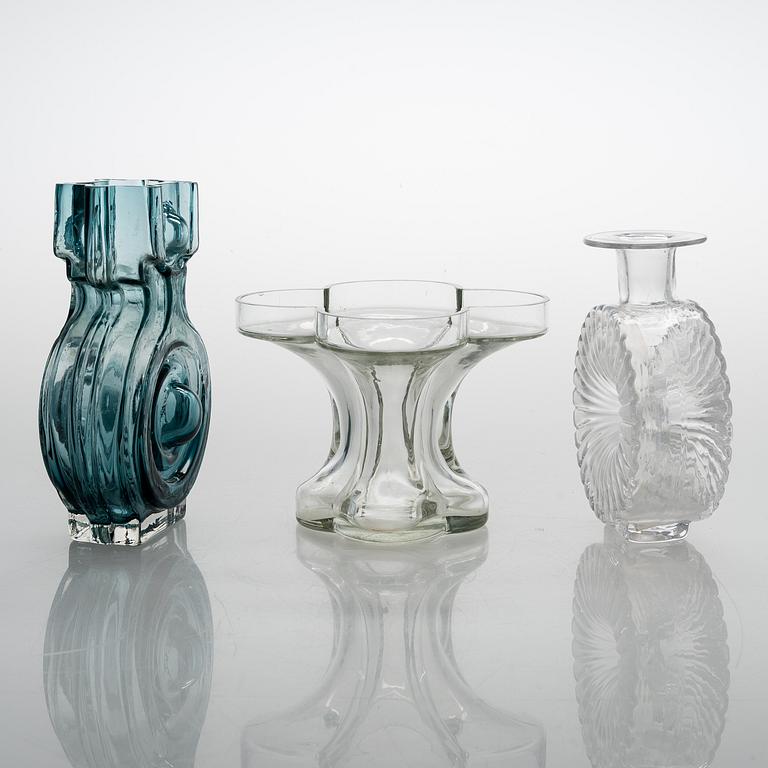 HELENA TYNELL, A glass bottle and two glass vases, Riihimäen Lasi 1960s-70s.