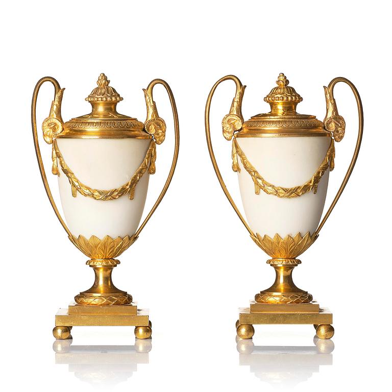 A pair of George III ormolu-mounted and white marble brûle-parfums by Matthew Boulton,  1770s.