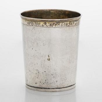 A parcel-gilt mid-18th-century beaker, maker's mark OWL, engraving dated 1760. Unidentified master.