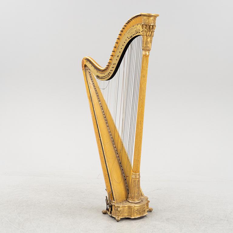 A pedal harp by Jacob & James Erat, London, No 1610, probably made between 1825-1830.