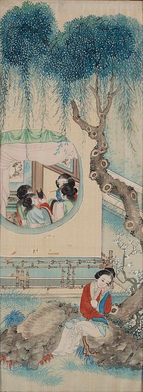 A group of seven Chinese paintings on silk by anonymous artist, Qing dynasty, 19th century.