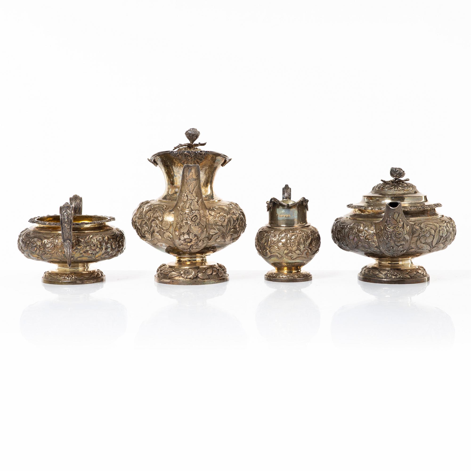Kaffe- och teservis, 4 delar, silver, London, England 1828-29, Joseph Craddock resp Josiah Barnett.