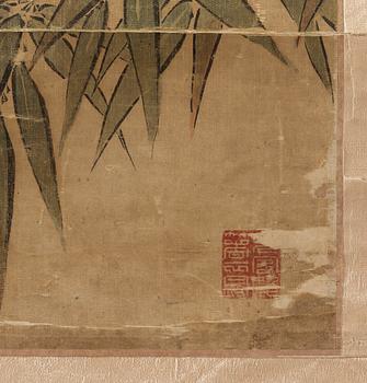 RULLMÅLNING, fåglar och blommande kamelia och prunus, sen Qingdynastin (1644-1912).
