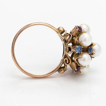 Ring, 9K guld, odlade pärlor, rubiner och safirer.