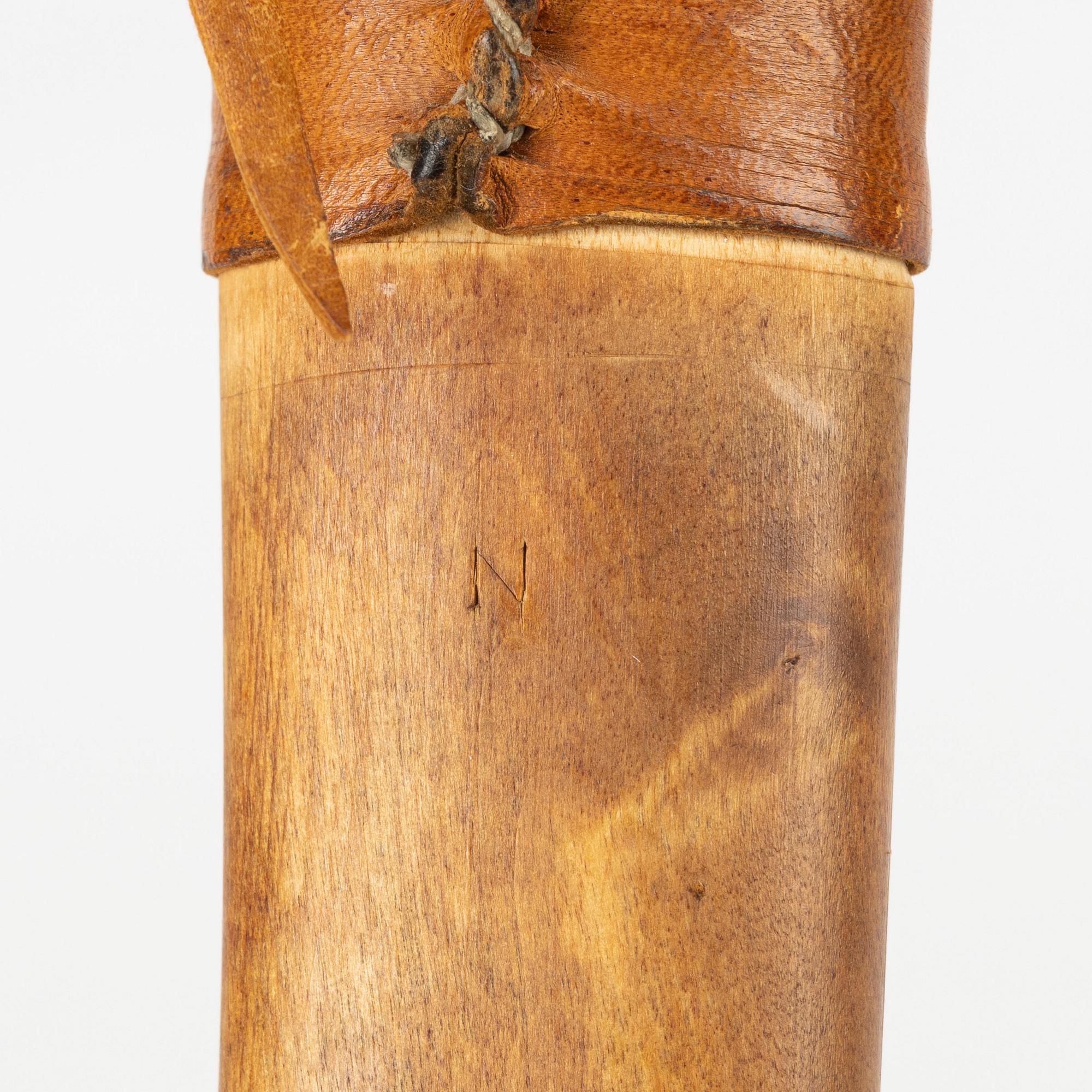 A burr birch and leather knife, unidentified signature.