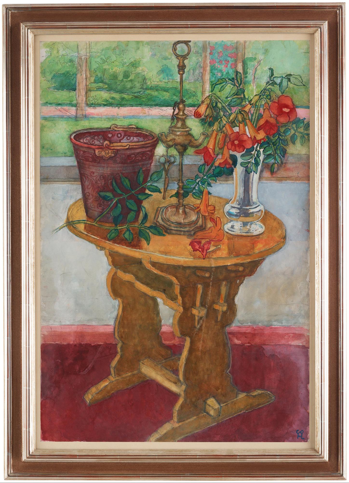 Hilding Linnqvist, "Trumpetblommor på terassbord".